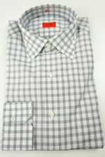 Isaia Napoli Cloud Gray White Plaid Long Sleeve Cotton Dress Shirt 15.5/39 NEW