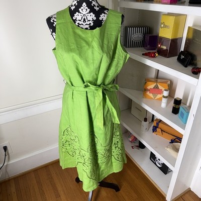 Lino USA Dress Women's Plus 1X Fit and Flare Green Linen lined lace crisp belted