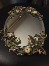 Vintage Dragonfly/Floral Jeweled Mirror Vanity Tray Few Flaws See Pics/Desc