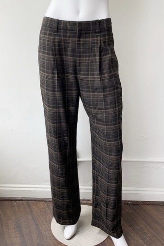 VINCE Wide Leg Pants Trousers Brown Plaid size 10 Preppy Academia Classic