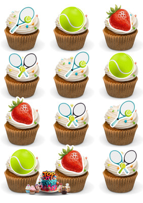 24 x vorgeschnittene Tennisschläger & Erdbeeren essbare Oblate Cupcake Topper