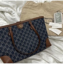 Gucci GG Monogram Tote Bag Blue/Brown Zip Dou...