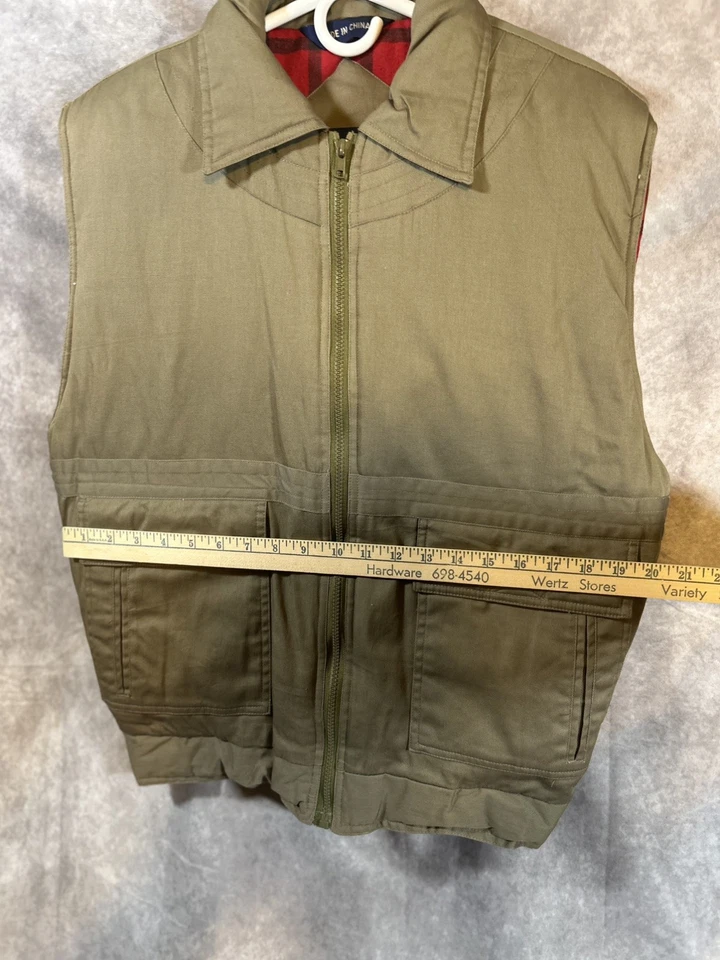 Ozark Trail Mens XLOlive Green 100% Cotton Vest With Red Plaid Lining & Pockets - Image 4 of 4