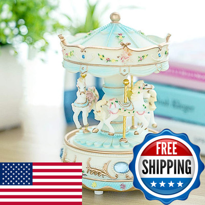 Hkztuy Carousel Music 3 Rotating Horses Color-Changing Led Lights Wind-Up