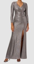 Adrianna Papell Women's Gray Metallic Ruched Jersey Gown Dress Size 12
