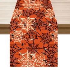 XCHI Spooky Orange and Black Spider Web Halloween Table Runner Party Decoration