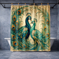 Peacock Vibrant Blue Gold Colors Shower Curtain Elegant 72x72 Bath Decor
