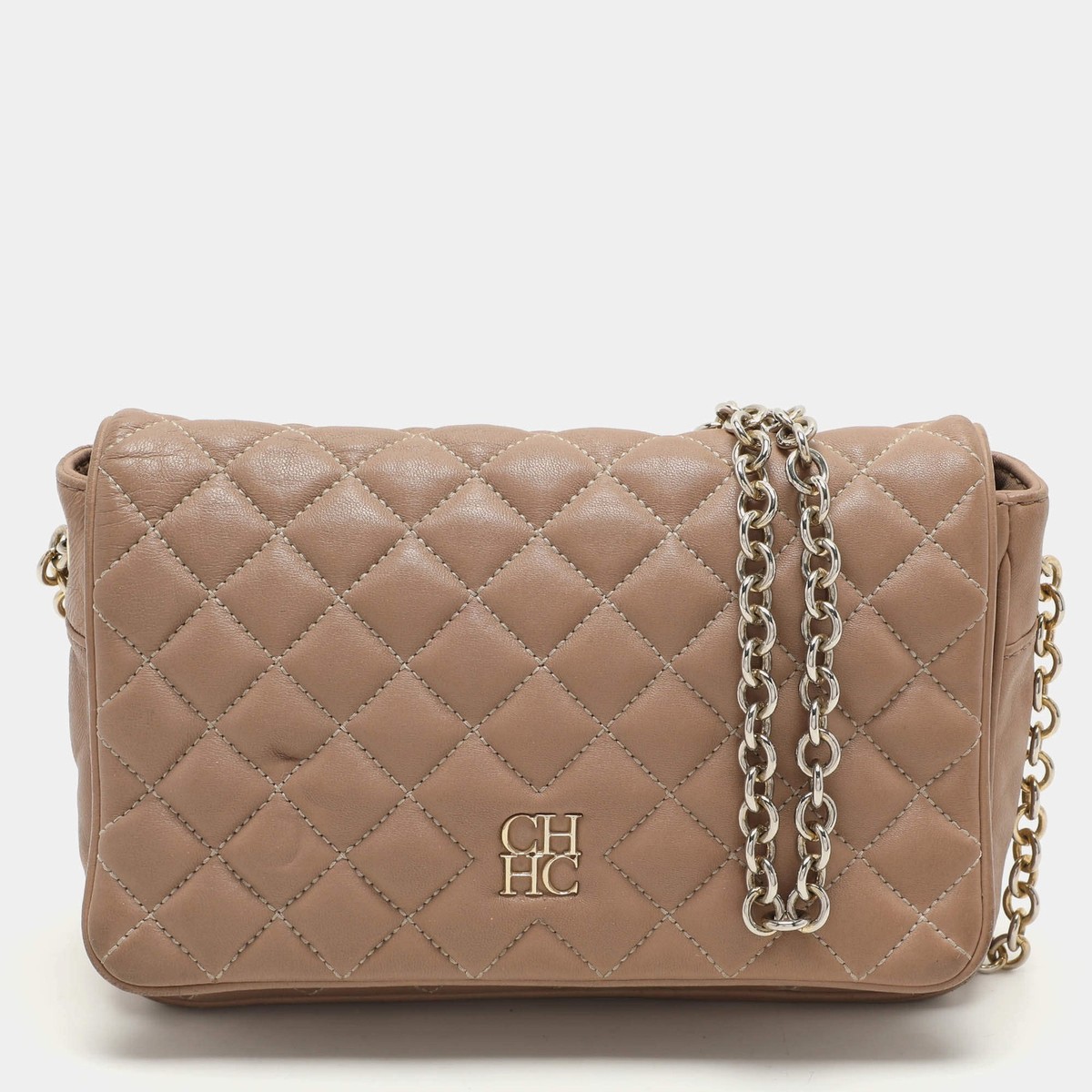 CH Carolina Herrera Beige Quilted Leather Flap Shoulder Bag | eBay