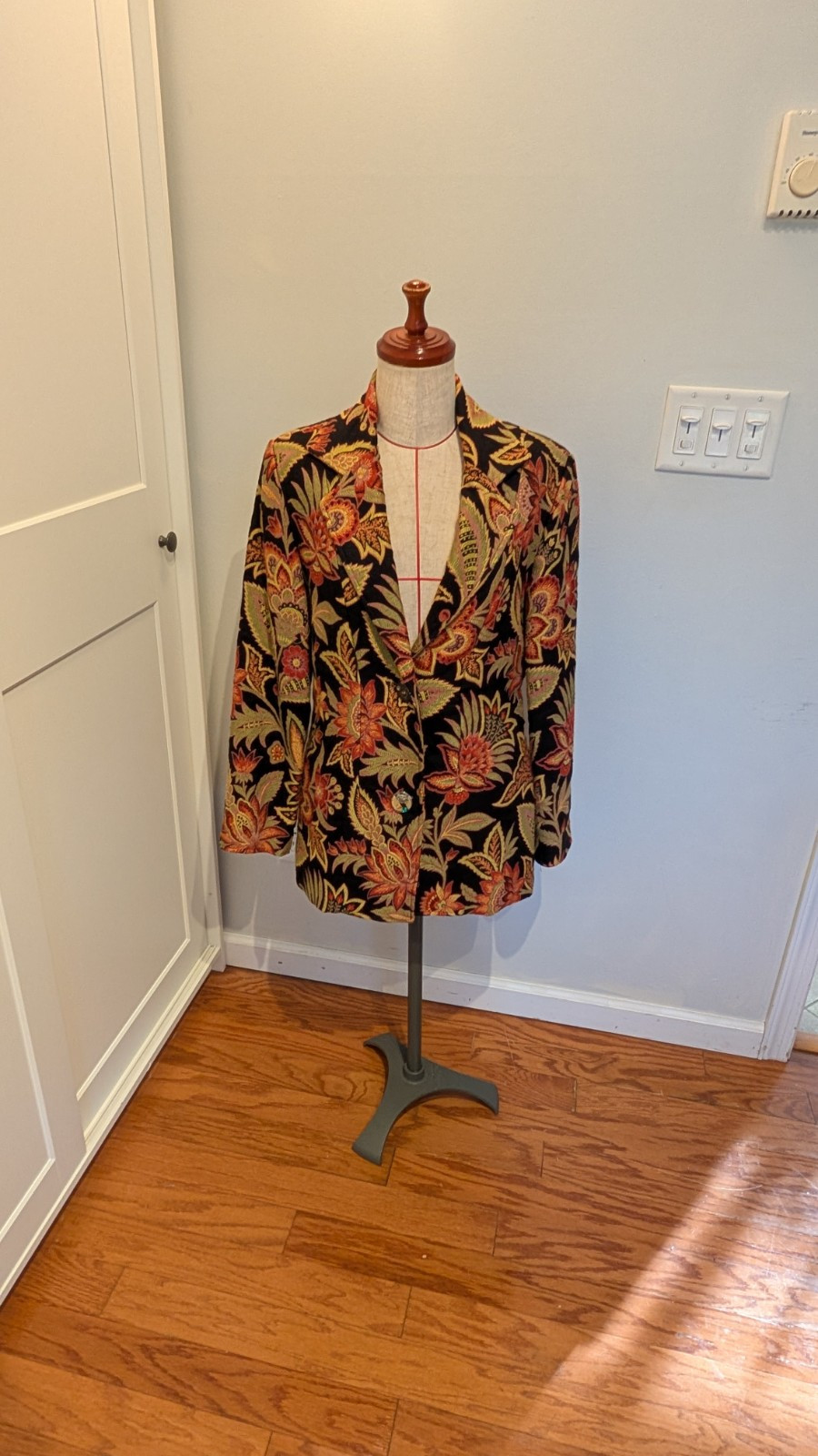 Giacca blazer aperta arazzo dipinto pony unico USA taglia S misto cotone floreale