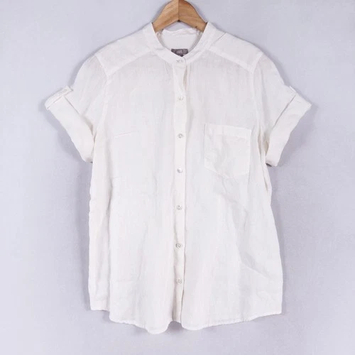 J Jill Shirt Womens Medium White 100% Linen Button Up Short Sleeve Coastal Boho
