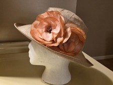 Elegant Sinamay Wide Brim Hat Peach Flower Church Derby Wedding Tea Party 22.5