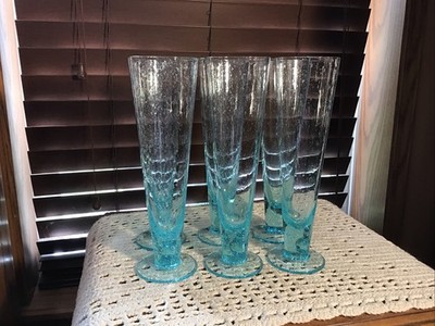 6 Beautiful Hand Blown Turquoise Blue 12 Oz Bubble Pilsner Champagne Glasses