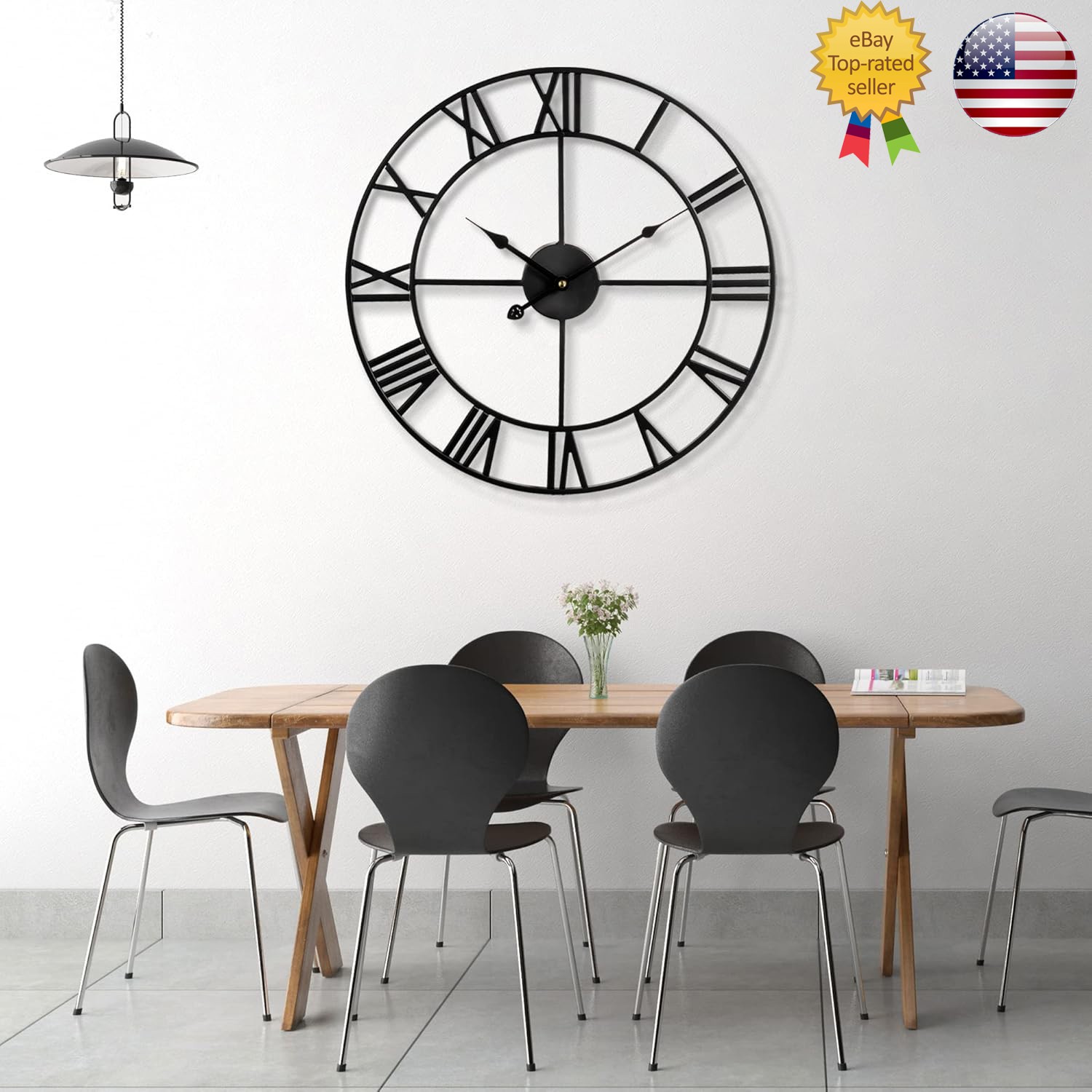 24" Large Wall Clocks Battery Operated, Round Modern Silent Non-Ticking Black Me