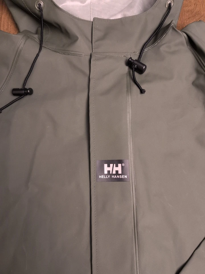 Abrigo de lluvia Helly Hansen para hombre talla grande vintage verde capucha impermeable chaqueta con caparazón Foto 3 de 4