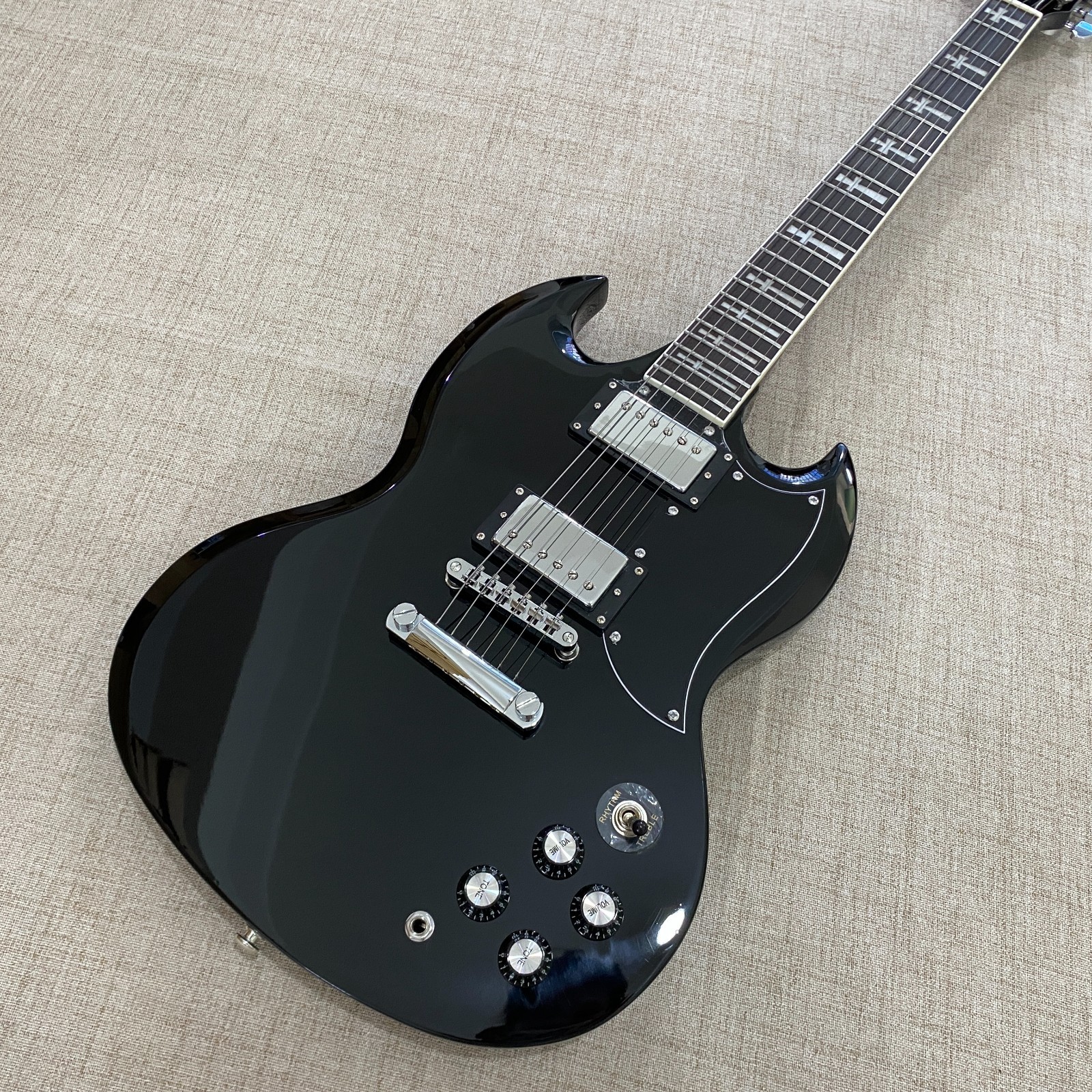 Black SG Style Electric Guitar-Cross Fretboard Inlays-Solid Mahogany Body-US