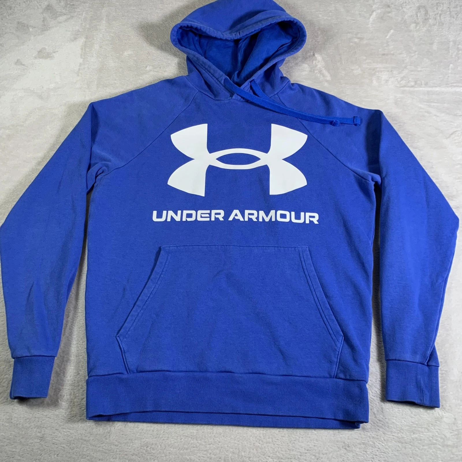 Under Armour Hoodie Mens Small Blue Big Logo Pullover Fleece Sweatshirt Loose