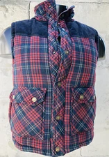 Kane & Unke Vest Men Medium Red Blue Plaid Puffer Vest Lined Snap Closure Pocket