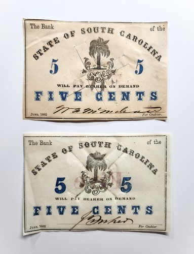 (Pair) Two Different 1862 5c The Bank of the State of SOUTH CAROLINA Notes - Picture 3 of 3