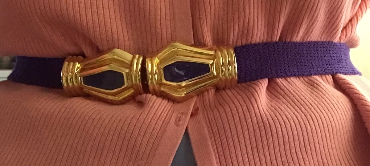 Designer Purple Knit Belt Gold Color Enamel on Both Parts of Buckle 31 7/8” Long Purple Knit Enamel Designer Belt Gold Color Buckle 31 7/8  main image 3