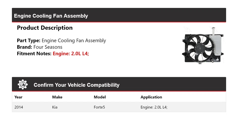 Conjunto de ventilador de refrigeración del motor L4 de 2,0 L para Kia Forte5 2014 4 estaciones Foto 2 de 4