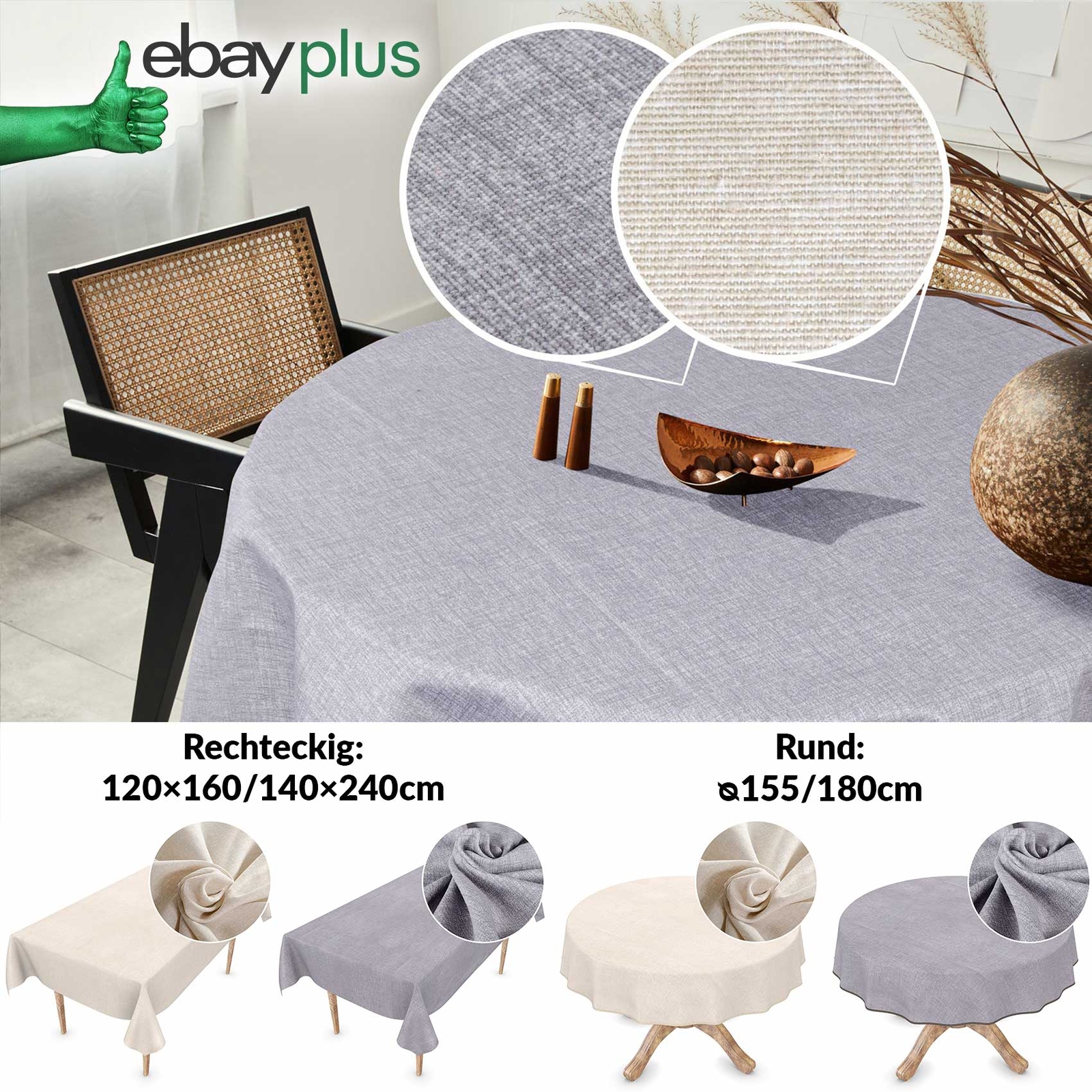 Tischdecke Stofftischdecke rund eckig Tischtuch Grau Weiß Baumwolle Leinenoptik