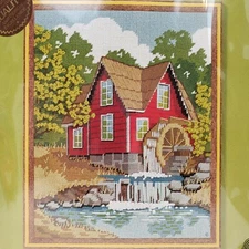 Sunset Needlepoint Kit Autumn Mill Pond 1979 Vintage 11” X 14” Wool
