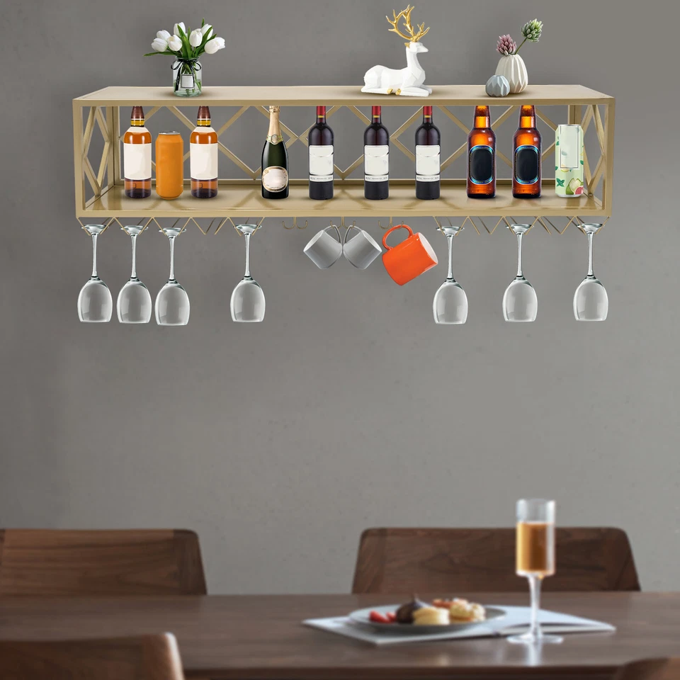 New Wall-Mounted Wine Rack with Wine Glass Rack Metal Wine Storage Display Shelf - Image 2 of 4