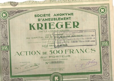 KRIEGER Möbel Aktie 500 Franken, 1928, mit Coupons.