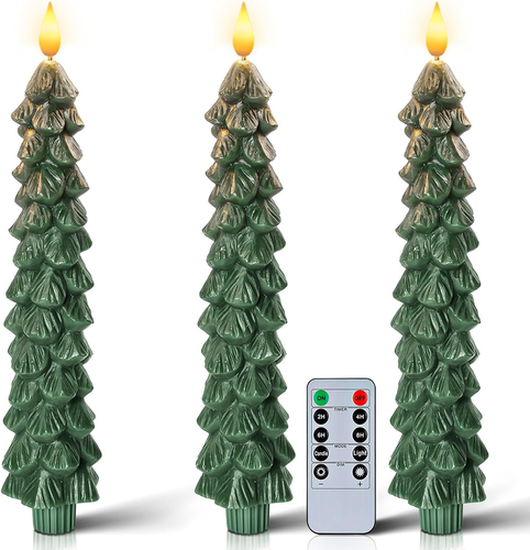 3 Pcs Christmas Tree Candles with Remote, Waxy Flameless Taper Candles Flickerin