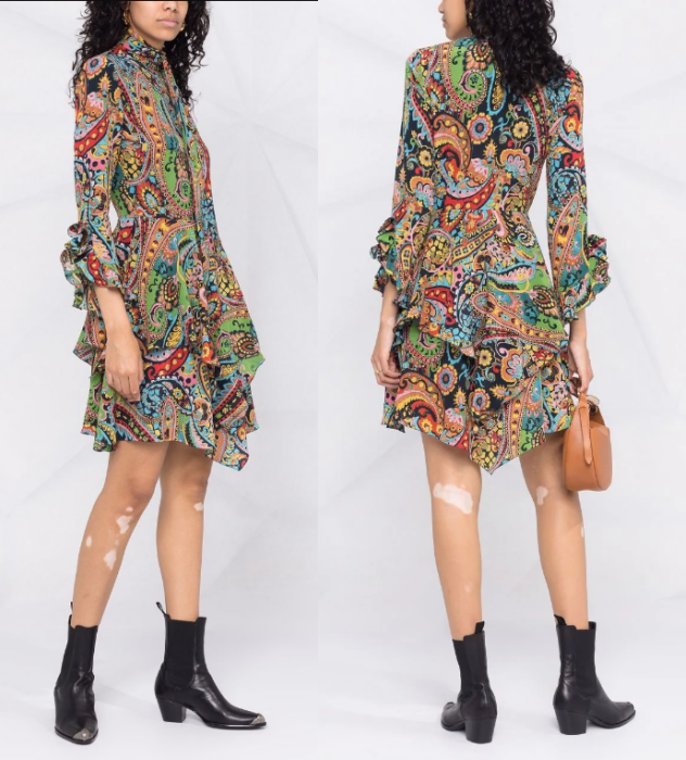 ETRO★Paisley Print Tie Neck Ruffle Asymmetrical Hem Dress ETRO Paisley Print Tie Neck Ruffle Asymmetrical Hem Silk