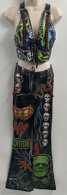 Women's Multi Color Skull Spike Chain Leather Pants Top 2 Piece Set Size