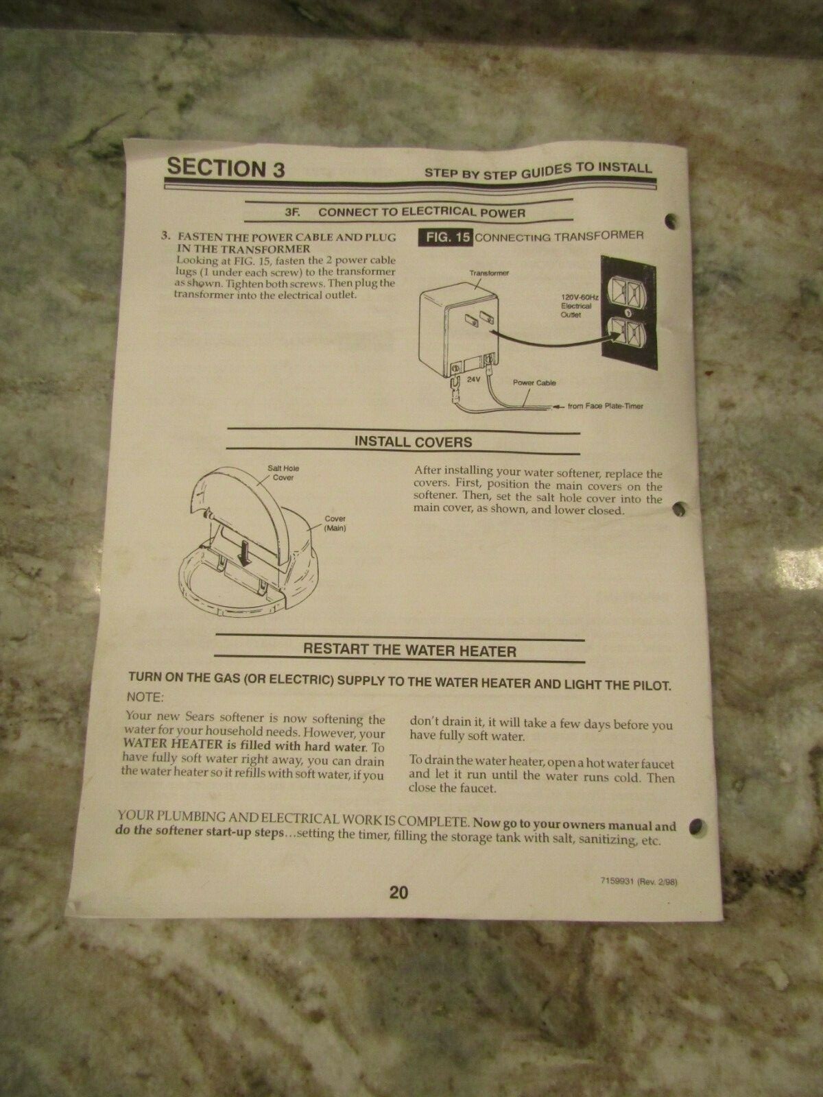 SEARS / KENMORE WATER SOFTENER INSTALLATION MANUAL 625.48471 / 625.