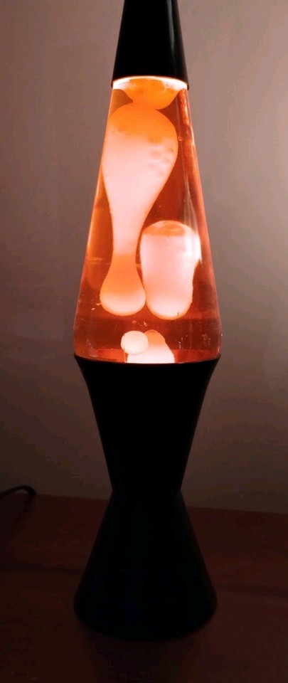 Vintage 90s LAVA LITE Lamp #05 White Wax Orange Liquid 16” Black Base Hat