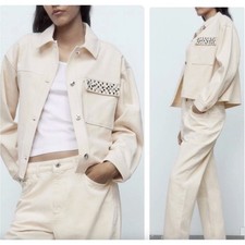 Zara Beaded Green Jewel Pocket 100 Cotton Jacket Size Women's Small Cream