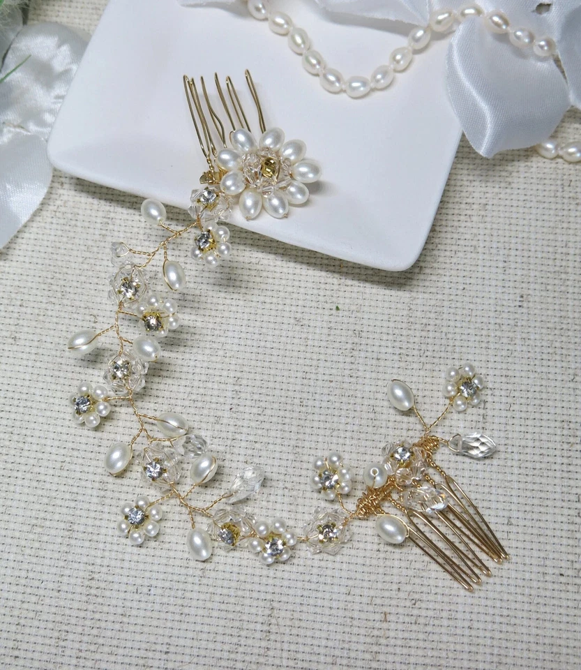 Pearl Floral Gold Wire Headband Crystal Dual Hair Comb Vine Hair Wire Headpiece - Image 4 of 4