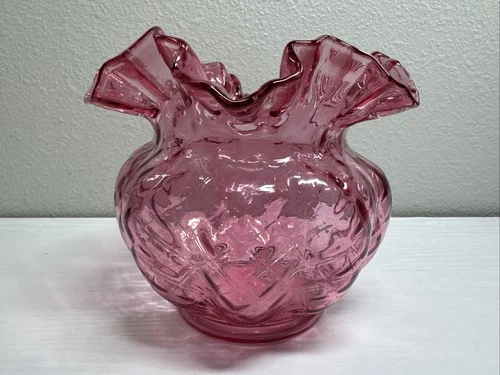 Fenton Quilted Diamond Optic Ruby Overlay Cranberry Glass Melon Bowl Vase