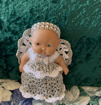 HAND CROCHET DOLL CLOTHES FITS 5 '' Berenguer Baby/Angel/silver/iridescent white