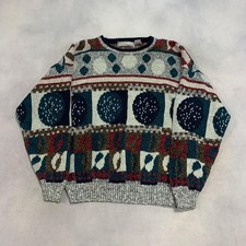 Vintage Abstract Knitted Jumper Patterned Grandad Chunky Knit Sweater Men's Xl