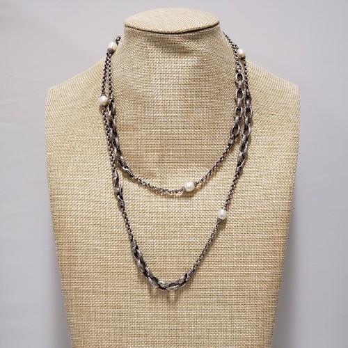 Scott Kay Sterling Silver Pearl Station Textured Link Necklace 42" - Picture 1 of 17