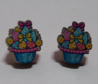 Painted Wood Easter Basket Pierced Post Earrings - New