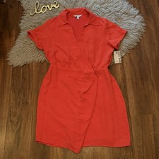 Nine West Womens Surplice Shirt Wrap Dress Parker Orange Red Size Large New