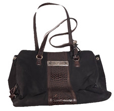 Brighton Shoulder Bag Black Canvas Brown Croc Embossed Leather Trim Tote Vintage