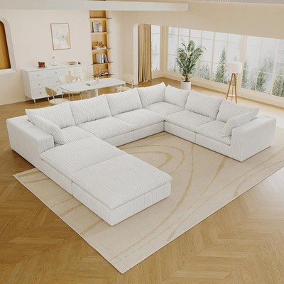 157'' U Shape 8 Seater Cloud Modular Sectional Sofas Corduroy Couch with Ottoman