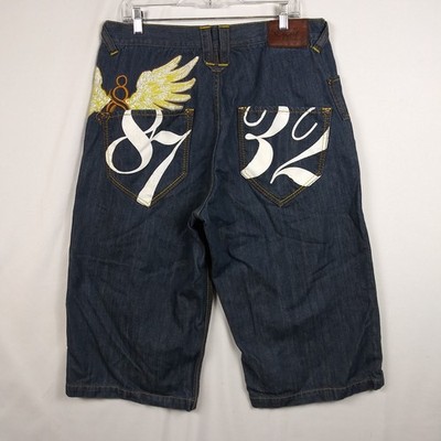 Eight 732 Jean Shorts Wide Leg Baggy Embroidered Angel Wings Mens 36 Y2K 