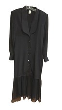 Vtg Maxi Black Shirt Dress Button Front Sheer Sleeves & Ruffle Goth Whimsygoth