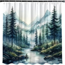 Green Misty Forest Shower Curtain 70" Wx70 H  Mountain Foggy Pine Trees Landsca