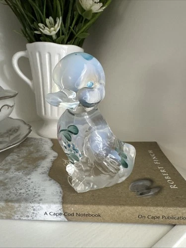 Vintage Fenton Glass Duck Opalescent Hand Painted Figurine Floral Butterflies