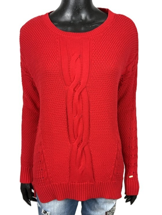 Tommy Hilfiger Maglione Donna S Rosso Cotone A Trecce Girocollo Logo