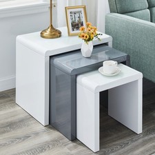 High Gloss  Nest of 3 Tables Tempered Glass Top White Grey Side End Coffee Home