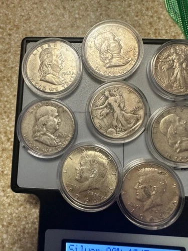 9- mixed walking lib Franklin -Kennedy Half Dollar  ~ Uncirculated 90 % Silver